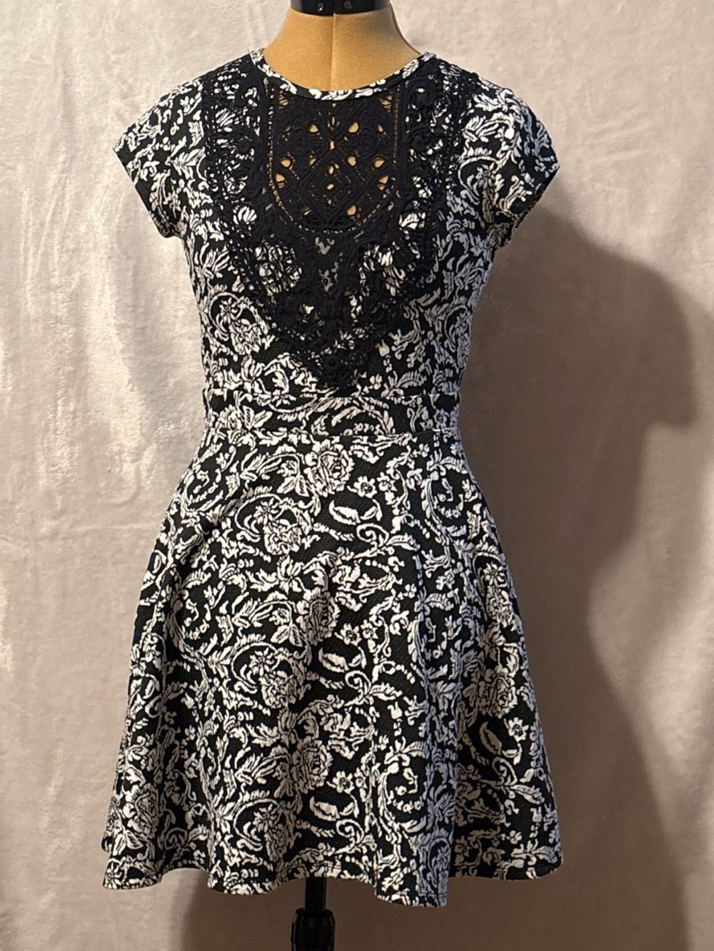 Xhilaration Black & White Crochet-Yoke Fit-and-Flare Mini Dress